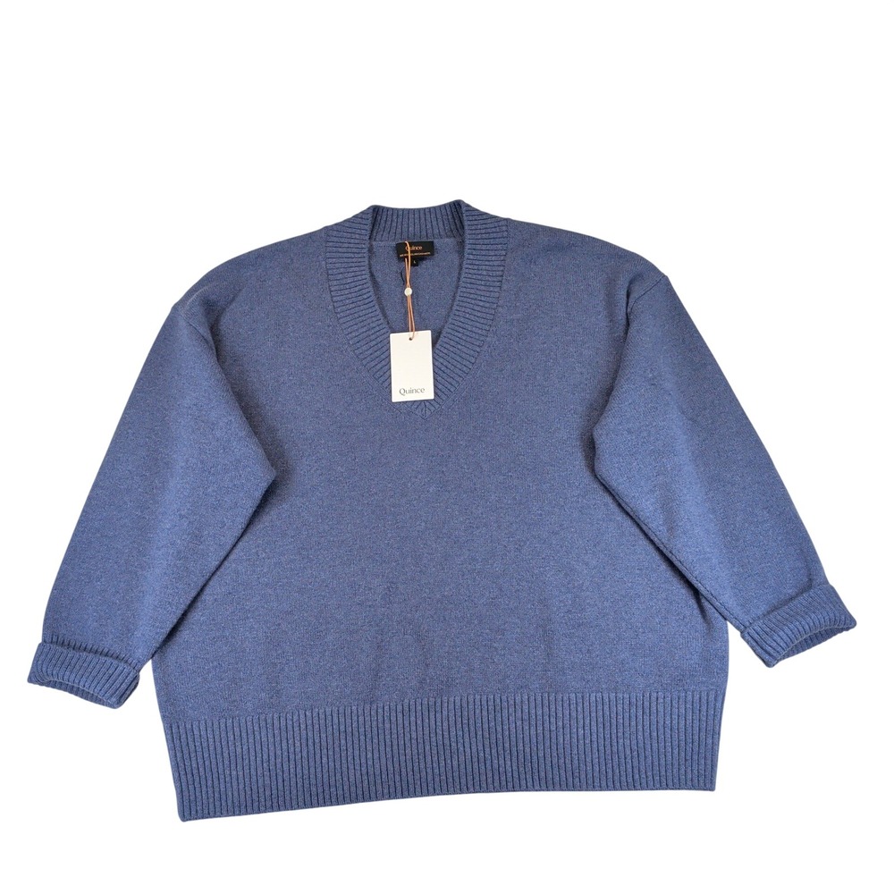 Quince Mongolian Cashmere Oversized V-Neck Sweater Heather Storm Blue Large NEW